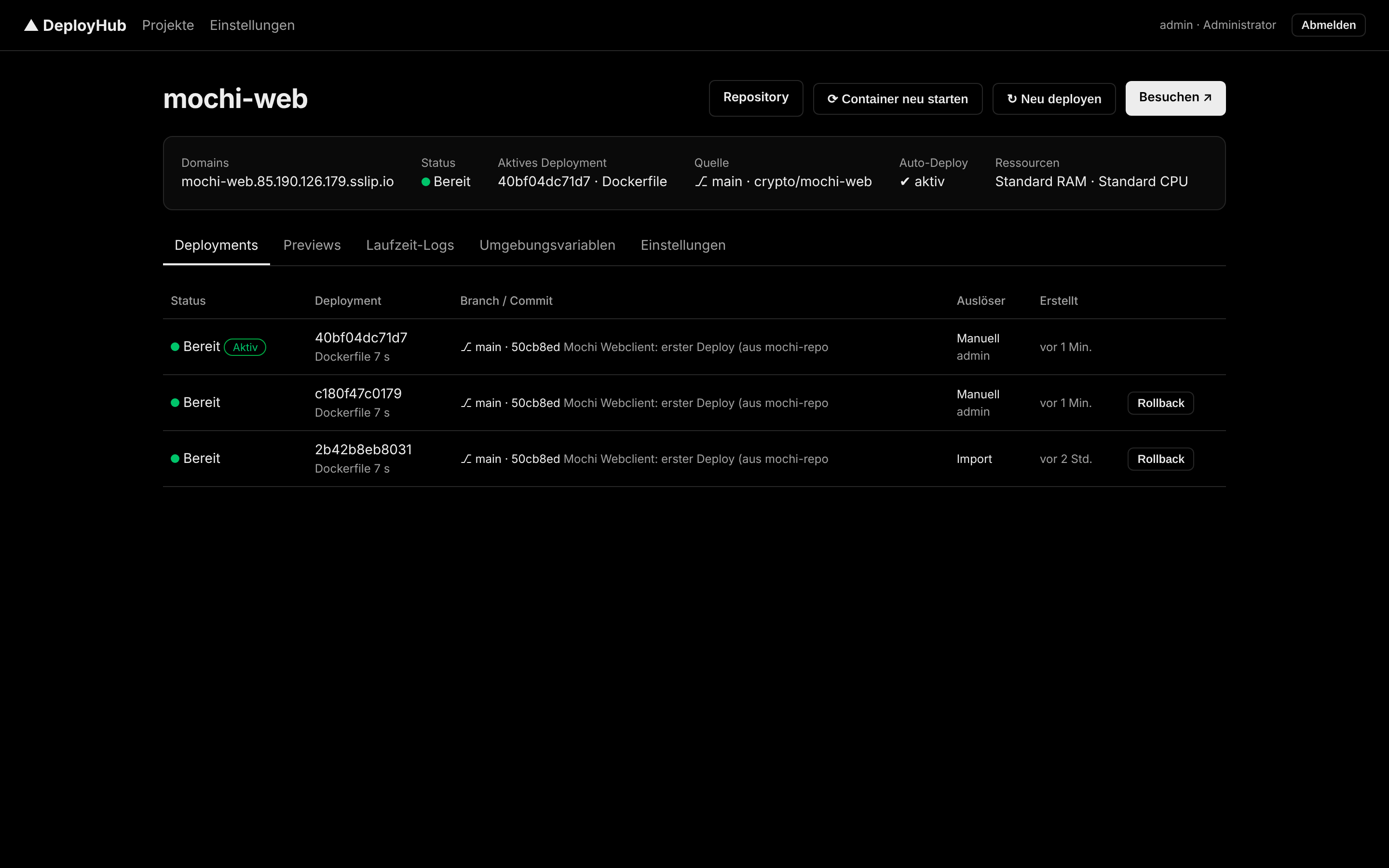 DeployHub Projektansicht